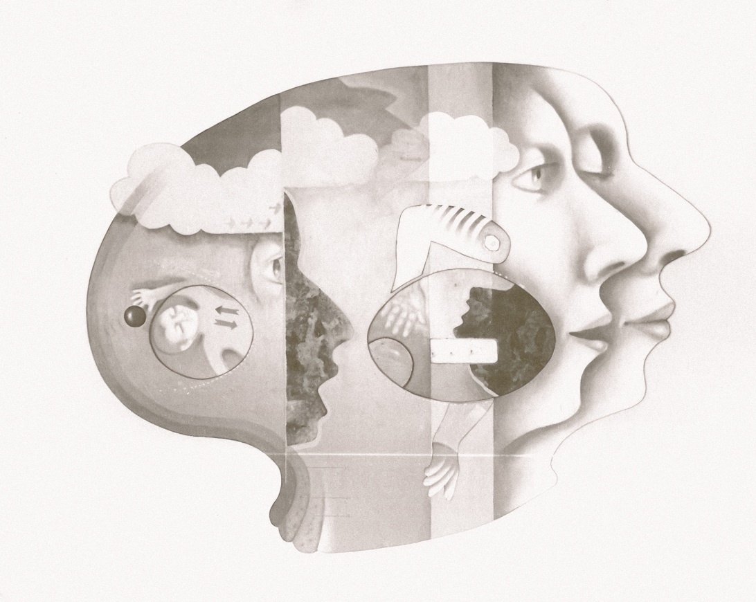 Konstnärlig illustration av ett mänskligt huvud i profil med symboler för psykologiska och mentala processer.
